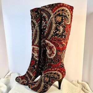 Diba Paisley Knee-High Stiletto Boots – Red Gold Tapestry Print, Size 6 ½ , Boho